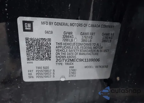 2019 GMC Sierra 1500 Limited Sle из США, поврежденный, VIN 2GTV2MEC9K1189006